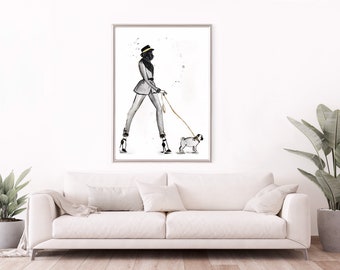 Pug Dog Walker Fashion Illustration Print