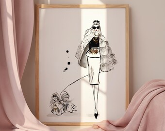 Shih Tzu Fashion Illustration Art Print Women Walking Dogs Chic Feminine Wall Art, Modern Fashion Decor Watercolor