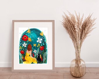 Wildflowers and Friendship watercolor illustration of girl and cat