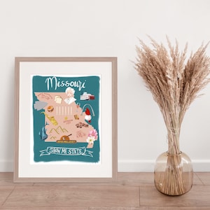 May include: A teal blue illustrated map of Missouri with various landmarks and icons. The map includes the text "Missouri" and "Show Me State".