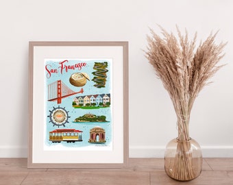 San Francisco Illustrated Map Print, Colorful California Wall Art, Hand Drawn Landmark Map, Whimsical Travel Poster