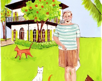 Writer and His Cats Print of Original Gouache Illustration