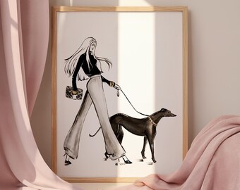 Greyhound Fashion Illustration Art Print Women Walking Dogs Chic Feminine Wall Art, Modern Fashion Decor Watercolor