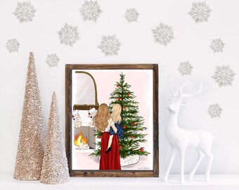 Customized Mom Daughter Christmas Print Illustration