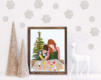 Customized Mom Daughter Christmas Art Cookie Decorating Print Illustration