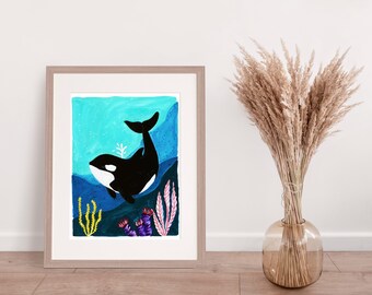 Orca Watercolor and Gouache Under The Sea   Illustration  Print