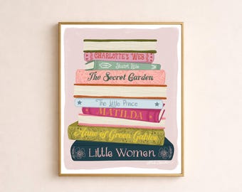 Lámina personalizada con pila de libros / Regalo personalizado para amantes de los libros / Arte de lectura colorido / Póster personalizado de libros favoritos