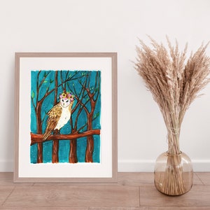 Owl Watercolor and Gouache Woodland Forest  Illustration  Print