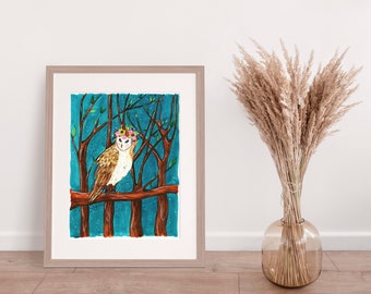 Owl Woodland Nursery Art Watercolor and Gouache Woodland Forest  Illustration  Print