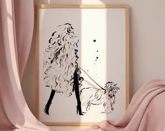 Australian Sheep Dog Fashion Illustration Art Print Women Walking Dogs Chic Feminine Wall Art, Modern Fashion Decor Watercolor