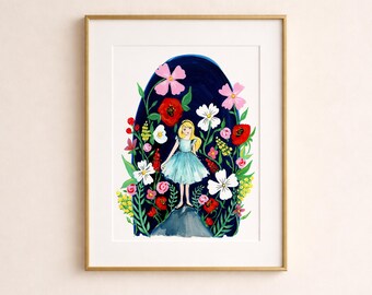 Alice in Wonderland Inspired Art Print, Whimsical Storybook Wall Decor, Colorful Gouache Painting, Girl Nursery Art