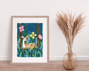 Deer Watercolor and Gouache Woodland Forest  Illustration  Print