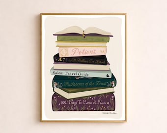 Lámina artística de Halloween con pila de libros de bruja celestial / Arte mural literario oscuro y colorido / Decoración acogedora para lectores / Regalo para amantes de los libros