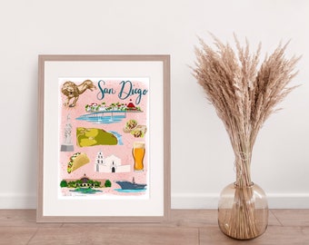 San Diego Illustrated Map Print, Colorful California Wall Art, Whimsical Travel Poster, Hand Drawn Landmark Map