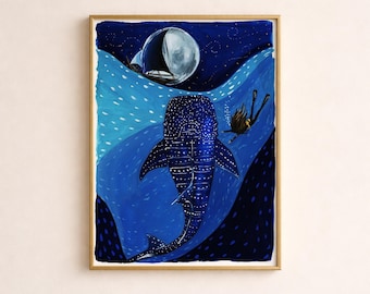 Whale Shark Watercolor Whimsical Blue Nursery Art Print
