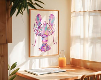 Colorful Lobster Original Painting | Coastal Wall Decor | Vibrant Watercolor Gouache Painting | Retro Beach House Art