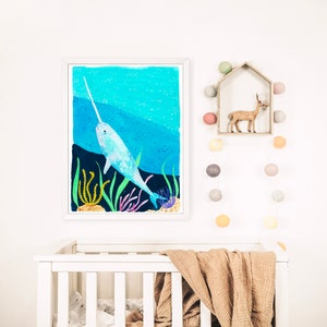 Narwhal Watercolor and Gouache Under The Sea   Illustration  Print