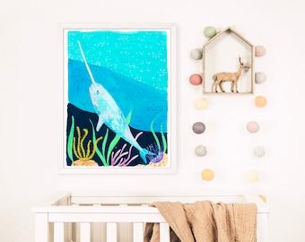 Narwhal Ocean Nursery Art Watercolor and Gouache Under The Sea   Illustration  Print