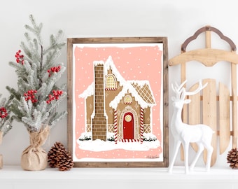 Gingerbread House Christmas Art Holiday Illustration Print Multiple Background Colors