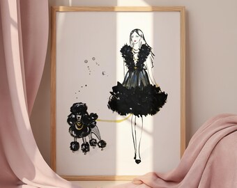 Black Poodle Fashion Illustration Art Print Women Walking Dogs Chic Feminine Wall Art, Modern Fashion Decor Watercolor