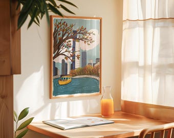 Chicago Fall Art Print | Water Taxi Illustration | Cozy City Wall Decor | Travel Poster Style Print