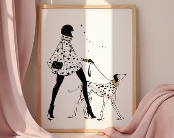 Dalmatian Fashion Illustration Art Print Women Walking Dogs Chic Feminine Wall Art, Modern Fashion Decor Watercolor