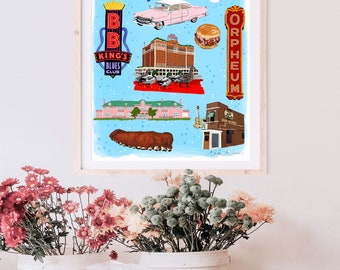 Memphis Tennessee Illustrated Map Print, Colorful City Wall Art, Hand Drawn Landmark Map, Whimsical Travel Poster