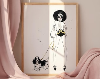 Cocker Spaniel Fashion Illustration Art Print Women Walking Dogs Chic Feminine Wall Art, Modern Fashion Decor Watercolor