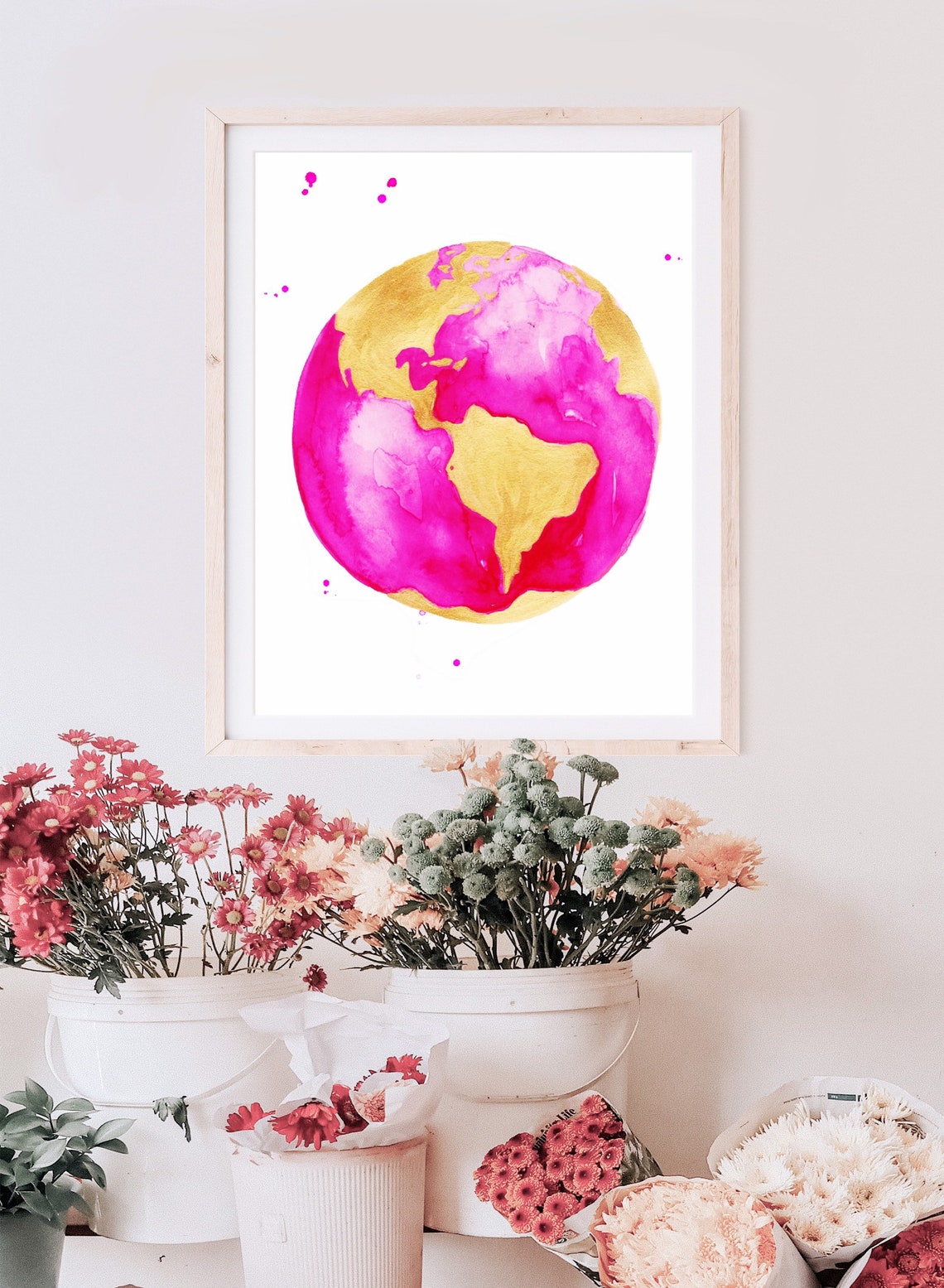 Pink and Gold Globe Print of Original Watercolor Illustration Etsy