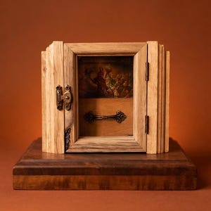 May include: A wooden box with a hinged door and a small painting inside. The box is made of light-coloured wood and has a dark brown base. The door has a metal latch and handle. The painting depicts a scene with figures.