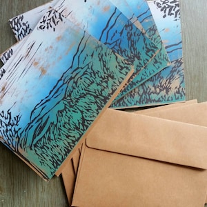 Hand Printed Mountain/Landscape Note Cards Art Card Set of Five Shades of Green and Blue