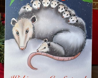Mama with Baby Possums Comfort and Joy Holiday Christmas Card Blank Inside