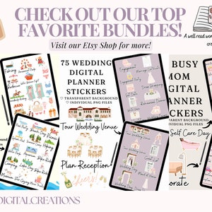 May include: A collage of digital planner stickers for various themes. The stickers are on a light purple background and feature illustrations of summer activities, wedding planning, self-care, and busy mom life. The text on the stickers includes '52 Fun Summer Digital Planner Stickers', '75 Wedding Digital Planner Stickers', 'Busy Mom Digital Planner Stickers', 'Tour Wedding Venue', 'Plan Reception', and 'Self Care Day'.