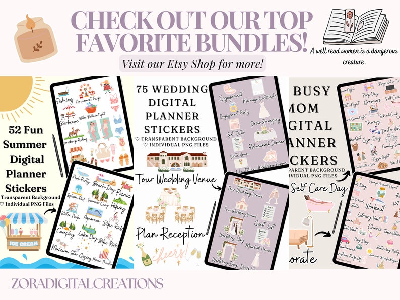 May include: A collage of digital planner stickers for various themes. The stickers are on a light purple background and feature illustrations of summer activities, wedding planning, self-care, and busy mom life. The text on the stickers includes '52 Fun Summer Digital Planner Stickers', '75 Wedding Digital Planner Stickers', 'Busy Mom Digital Planner Stickers', 'Tour Wedding Venue', 'Plan Reception', and 'Self Care Day'.