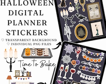 May include: A set of 100 digital planner stickers featuring spooky Halloween themes. The stickers have a transparent background and are individual PNG files. The stickers include images of ghosts, bats, pumpkins, spiders, skeletons, and more. The text "Time to Bake" and "Decorate" are also included in the image.