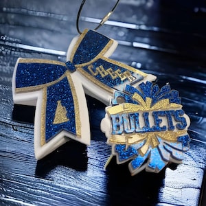 Handmade Acrylic Cheerleader Cheer Bow or Pom Pom Bag Tag - Key Chain - Christmas Ornament - Made to order - you choose the colors