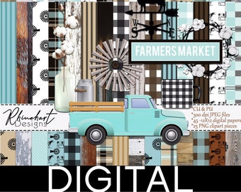 Peut inclure: Pack de papiers numériques avec un camion bleu, un moulin à vent, un pot de coton et une pancarte indiquant "Marché des fermiers". Le pack comprend 45 papiers numériques de 12x12 pouces et 25 éléments clipart PNG.