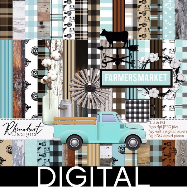 Rustic Country Farmhouse - 45 Digital Paper Pack -Digital or Printable - 25 Clip Art Included! windmill, crate, buffalo plaid, check