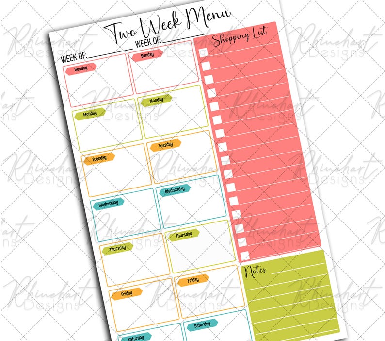 2 Week Menu Planner Printable | Meal Planner Grocery List Notes | Full ...
