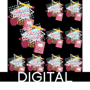 Bundle - Back to school - PE, Music, Art, Gym, Librarian, Substitute - retro- pink doll -  PNG file- sublimation - Instant digital download