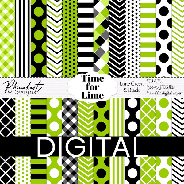 Lime Green and Black Digital Paper - Printable Scrapbooking Paper - PU/CU - High Quality 12"X12" sheets
