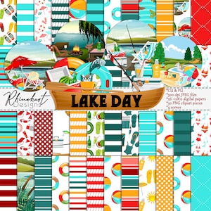 Lake Day - Fishing, swimming, camp fire, 36 Digital Paper Pack, sand castles -Digital or Printable Clip Art Included!