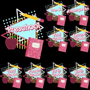 Bundle - Back to school - preschool - preK - 6th grade - teacher student- retro- pink doll -  PNG file- Instant digital download