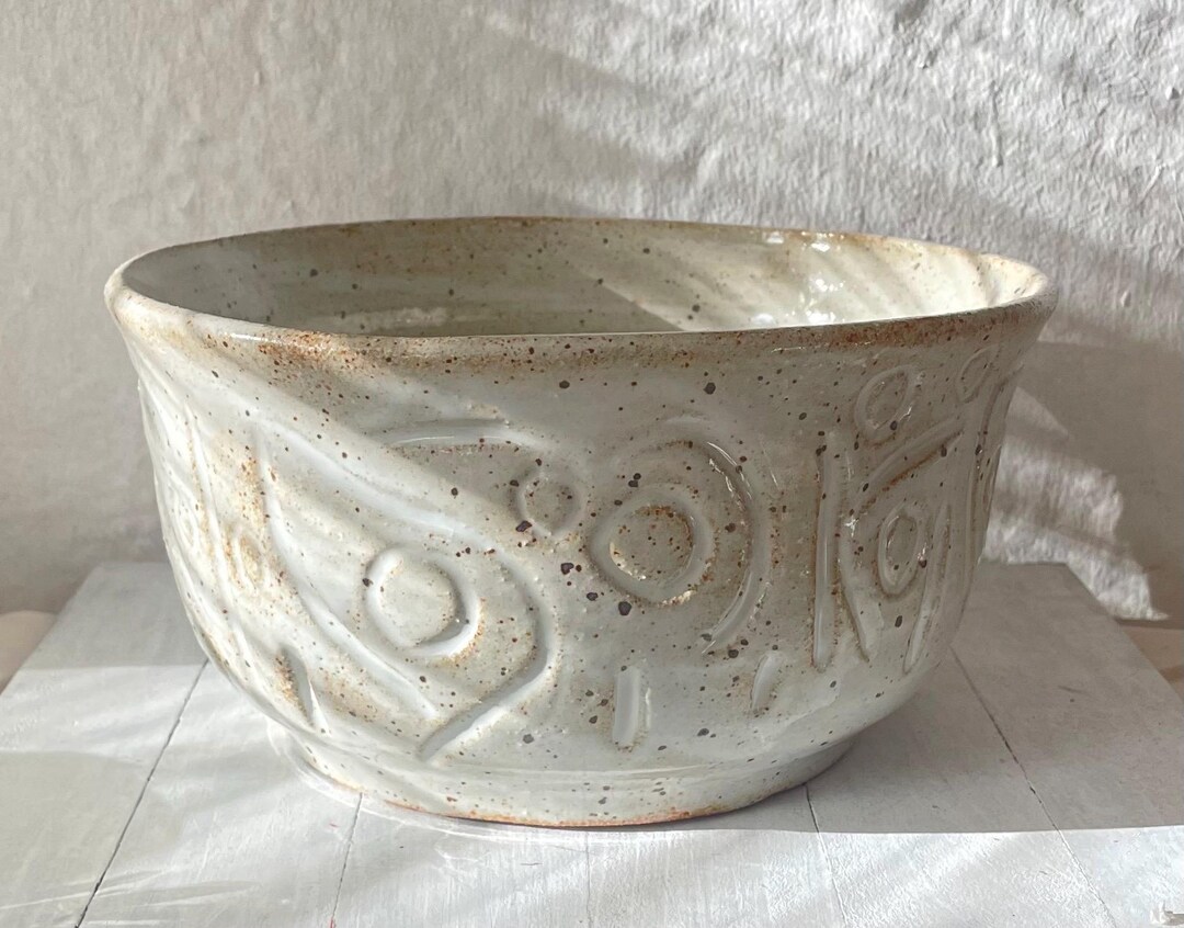 White Hand-carved Stoneware Bowl - Wheel - Thrown Ceramic With Textured ...