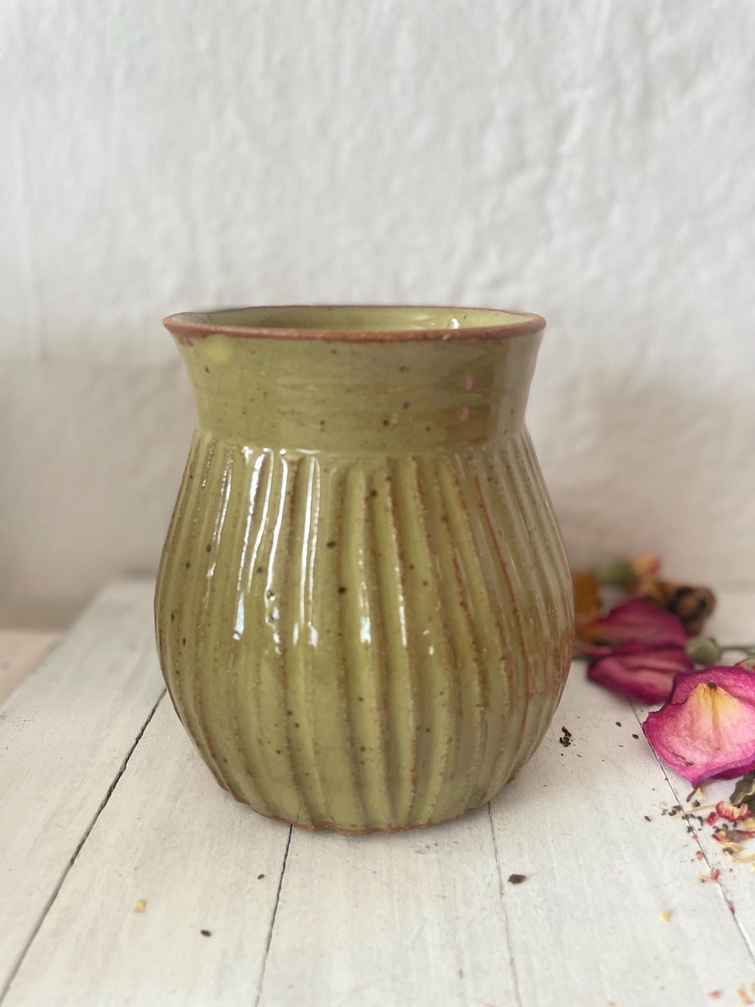 Handmade Ribbed Olive Green Ceramic Vase/ Wheel Thrown Stoneware Vessel ...