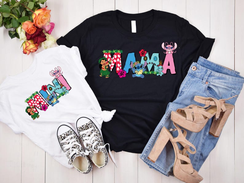May include: Two t-shirts with a Stitch-themed design. The white shirt says "Mini" with Stitch characters and flowers. The black shirt says "Mama" with Stitch characters and flowers.