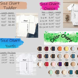May include: Size chart for toddler, youth, and onesie clothing. The chart shows chest and length measurements in inches. The chart also includes weight ranges for toddler sizes and age ranges for onesie and youth sizes. A color chart shows a variety of colors for the clothing.