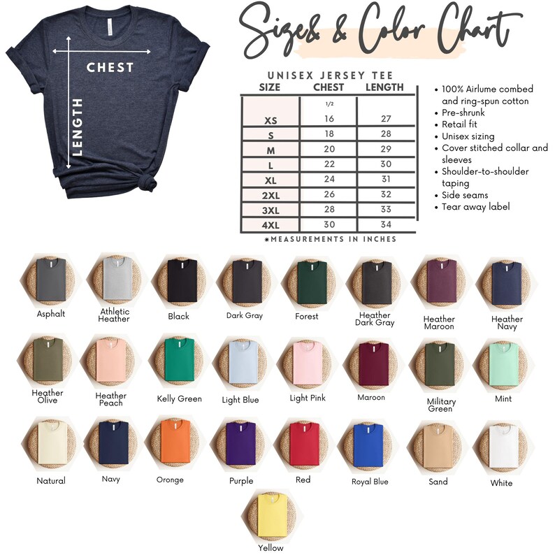 May include: A navy blue unisex jersey tee with a size and color chart. The chart lists chest and length measurements in inches for sizes XS to 4XL. Color options include asphalt, black, forest, and more.