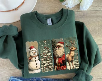 Retro Christmas Sweatshirt: Santa, Snowman, Reindeer Xmas Tee