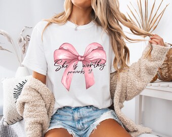 She Is Worthy Bow Sweatshirt: Christian Women's Apparel